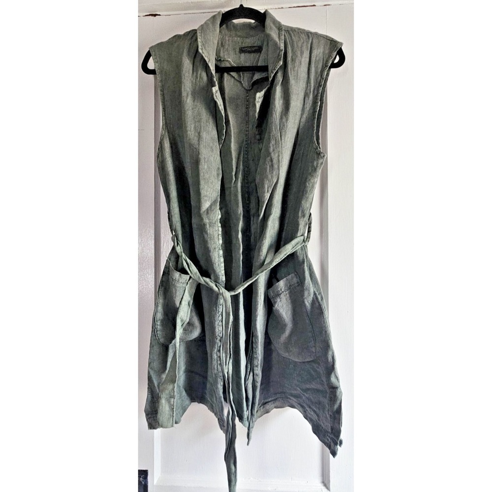 LUNG O‎ L'ARNO Italy Olive green sleeveless open front vest Linen belted tie S